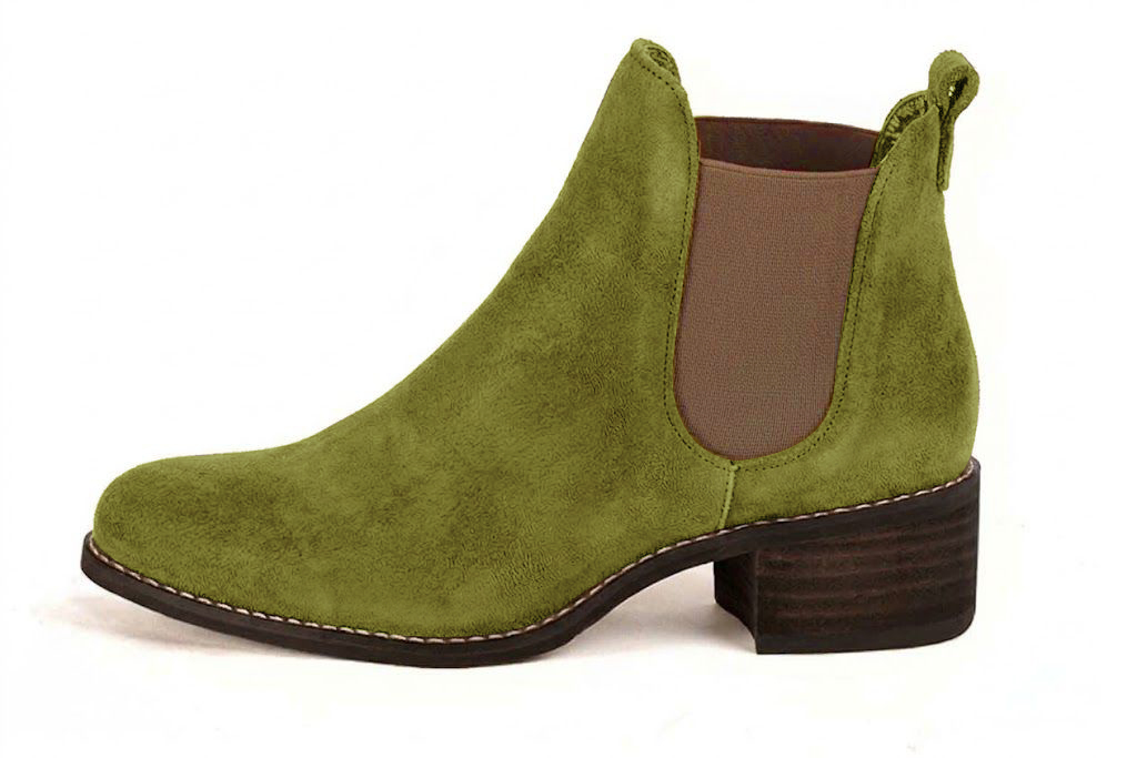 Elevate your look with solid-color leather Chelsea boots featuring sleek elastic side panels and effortless Parisian elegance, in pistachio green and bronze leather with round toe and leather sole - Florence KOOIJMAN
